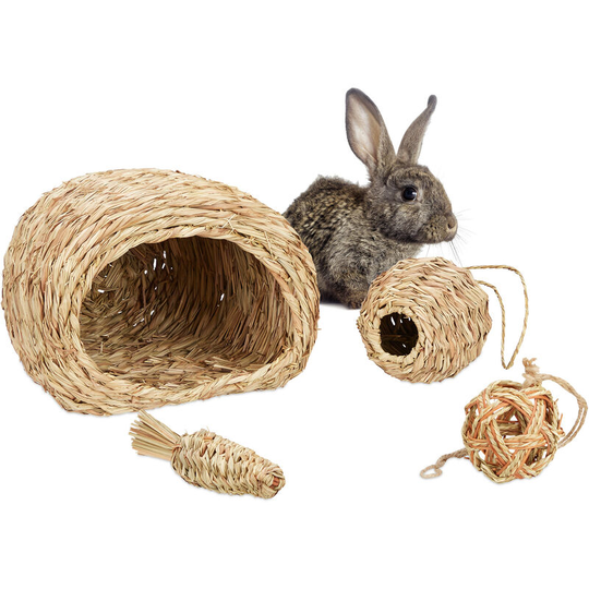 Relaxdays - rabbit toy, set of 4 pieces, feeding stand & treat box, teeth grinding, guinea pig feeding stand, natural wood