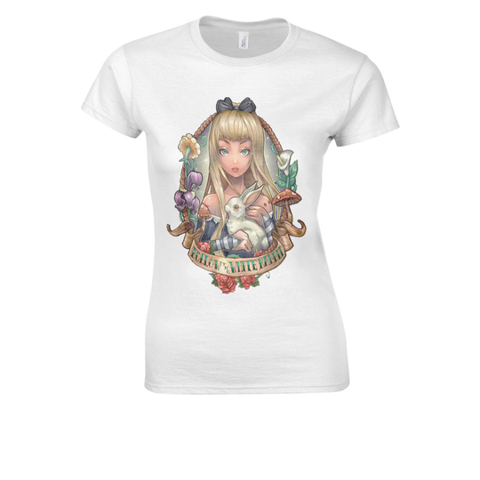 (X-Large, White) Princess Alice's in Wonderland Tattoo Rabbit White Women T Shirt Top