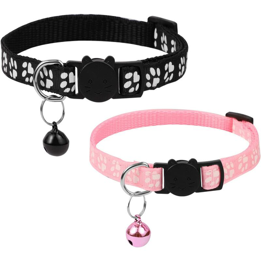 2 Pcs Reflective Kitten Collar, Adjustable Anti Strangling Cat Collar for Cat Kitten Puppy with Bell and Safety Buckle 19-30cm (Pink Black)