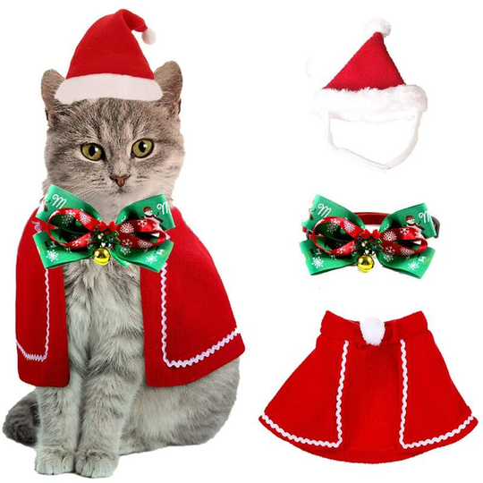 Kartokner - 3 Pieces Christmas Costume for Cat Dog, Christmas Clothes for Dog Cat Pet Very Cute Little Santa Hat with Scarf, Bow Tie, Bell