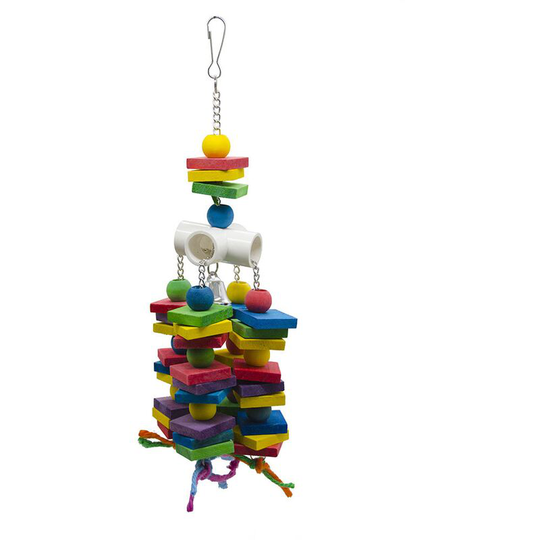 Bird Chew Toys, Colorful Hanging Blocks Toys with Wooden Parrot Play String - Cotton Rope