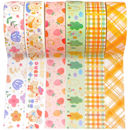6 Rolls Cute Cartoon Gold Foil Washi Tape Set Rustic Style Washi Masking Tapes Decorative Adhesive Tape Label Sticker 15mm Wide