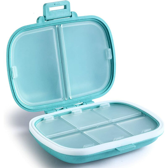 Daily pill box, portable 8 compartment pill box, vitamin pill box, separate pill box, cod liver oil (blue)