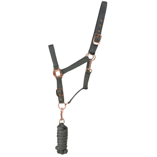 Hy Rose Gold Headcollar and Lead Rope (Full) (Grey/Rose Gold) - Grey/Rose Gold