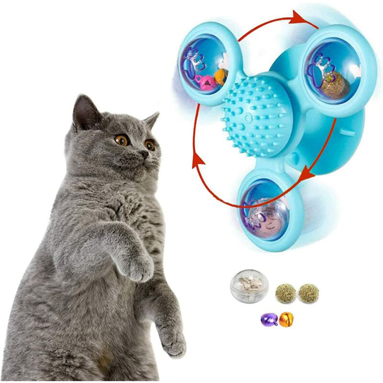 Cat Interaction Spinner Toy, with Flashlight and Catnip Ball Creative Cat Molar Transparent Windmill Turntable/Massage Toy (Blue)