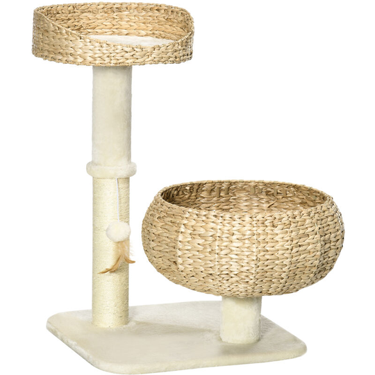 72cm Cat Activity Centre w/ Two Bed, Toy Ball, Sisal Scratching Post - Beige - Pawhut