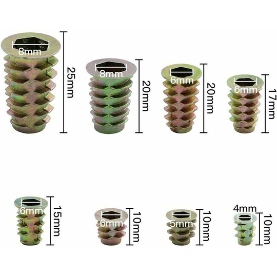 Echoo - 230 Pieces Zinc Alloy Hex Threaded Insert Nuts Threaded Insert Nuts External Thread For Wood Furniture Nut Tool Kit