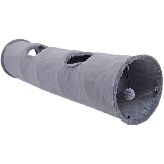 Collapsible Cat Tunnel Toy in suede, Large cat tunnels for indoor cats rabbits with 2 holes and suspended ball Dia30*130cm