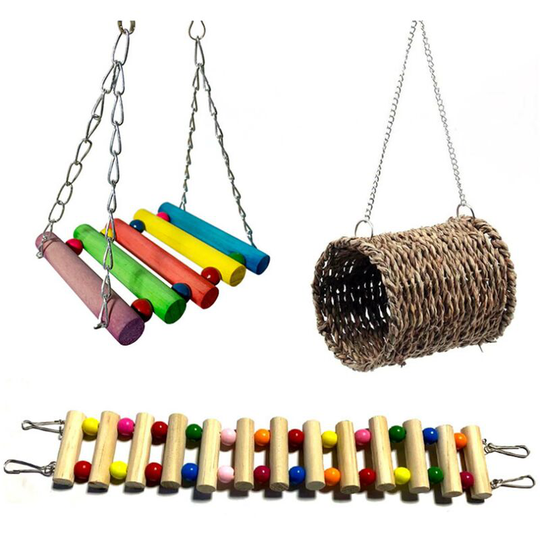Lifcausal - 3pcs Bird Parrot Toys Bird Wooden Ladder Pet Bird Cage Swing Toy Natural Grass Woven Nest Hanging Toy for Small Parakeets Cockatiels