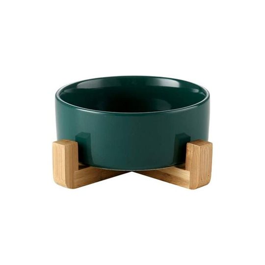 Green 15.5cm inch Ceramic Cat Bowl with Wood Stand No Spill Pet Food Water Feeder Cats Small Dogs