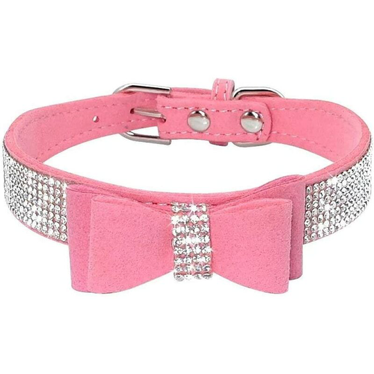 Dog collar with rhinestones, shiny, soft suede, for dogs and cats (size s, pink) - Langray