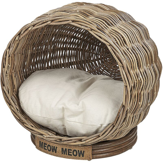 Rattan Cat Bed Den Wicker Basket Pet House Nest with Cushion Natural Malulla - Natural