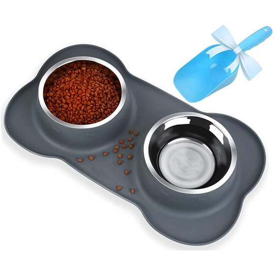 Non-slip cat and dog bowl, with anti-splash silicone pad, double-layer stainless steel bowl, (400ML/bowl)