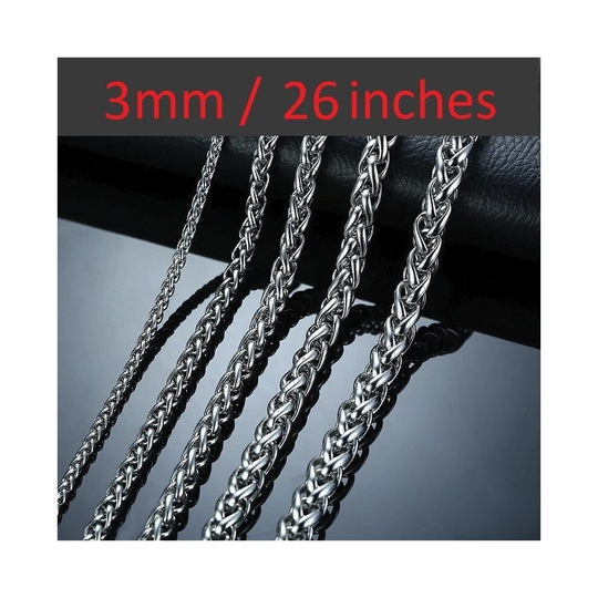 Silver 316L Stainless Steel Men's Jewellery Wheat Chain Braid Rope 3mm 26 Inch Necklace