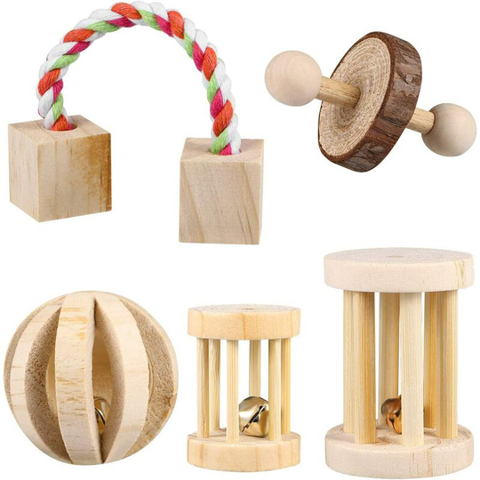 5PCS Hamster Chew Toys Natural Wooden Toys Exercise Bell Roller Teeth Care Molar Toys for Bunny