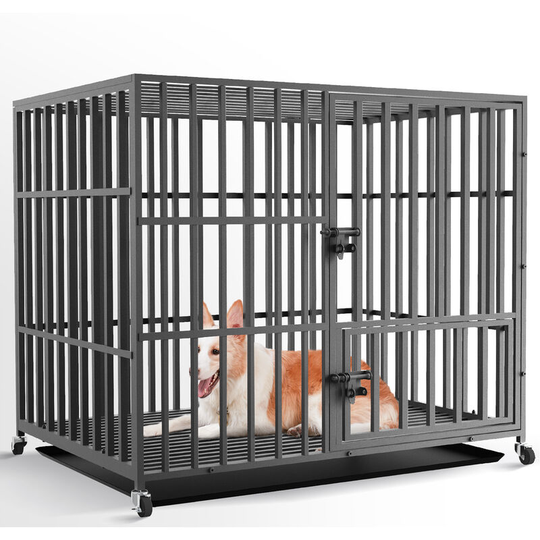 Extra Large Heavy Duty Pet Dog Cage Strong Metal Crate Kennel Playpen with Wheels & Tray, 42'