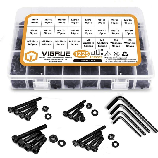 Vigrue Kit 1225PCS M2 M3 M4 M5 Carbon Steel Hex Head Hex Socket Cable Bolts Bolts with Nuts Assortment (Black)