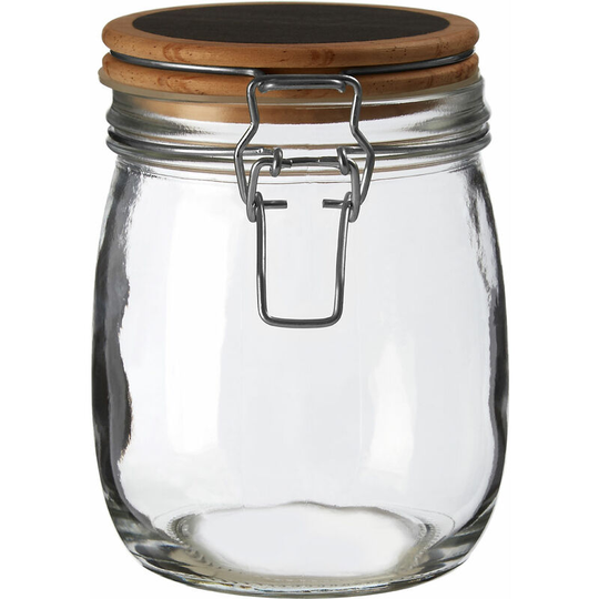 Premier Housewares - Small Glass Storage Jar With Pine Wood Lid Transparent Jars For Kitchen Storage Coffee Tea Sugar Black Chalkboard On Top 12 x 12