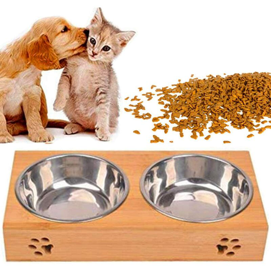 Double Cat Bowl Stainless Steel Bamboo Cat Bowl Cat Bowl Dog and Cat Bowl (l)