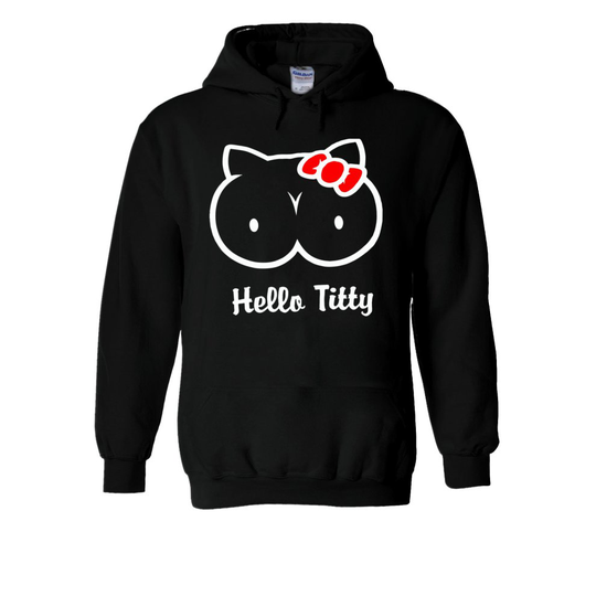 (Small, Black) Hello T*tty Funny Cat Kitten Kitty Novelty White Men Women Unisex Hooded Sweatshirt Hoodie