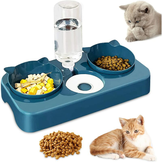 Double Elevated Cat and Dog Bowl, 3 in 1 Automatic Water and Pet Food Dispensers, Inclined Design Double Food Bowl, for Cats and Puppies