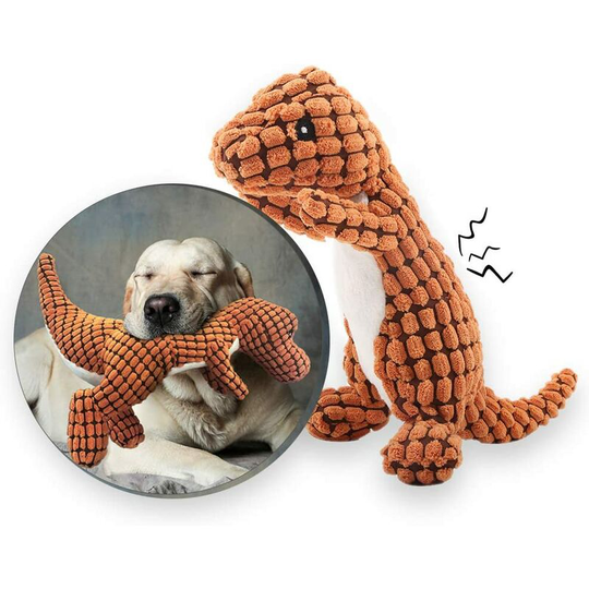 Durable ribbed dog stuffed toy with dinosaur-shaped plastic sleeper (orange)