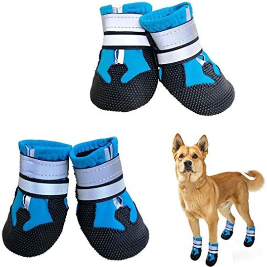 4 pcs Dog Boots, Waterproof Dog Shoes with Reflective Straps, Non-Slip Paw Protectors Shoes for Small Medium Large Dogs (l, blue)