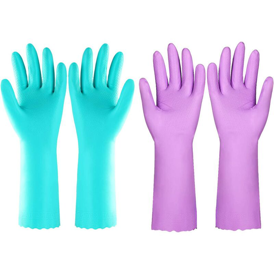 Reusable Dishwashing Cleaning Gloves with Latex free, Cotton lining,Kitchen Gloves 2 Pairs (Purple+Blue, Medium)