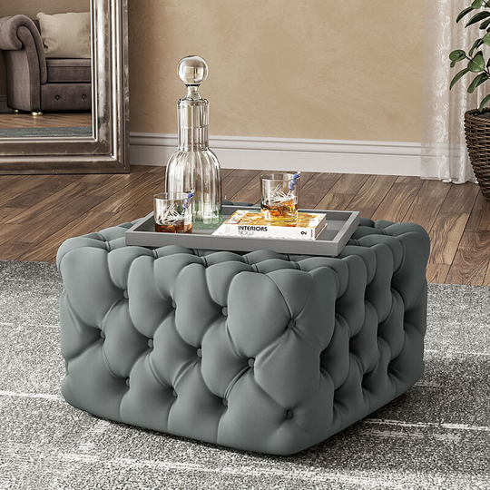 62cm Deep Button Square Velvet Footstool,Grey - Livingandhome