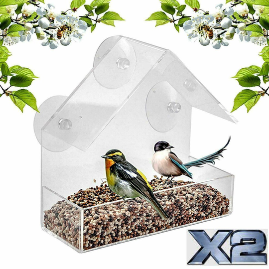2 x Window Bird Feeder Wild Hanging Suction Perspex Clear Viewing Seed