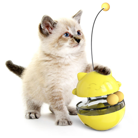 Interactive Cat Toy, Automatic Cat Food Dispenser, 4 in 1 Puzzle Ball, Spinning Tumbler with Spinning Ball and Stylish Cat Stick (Yellow)