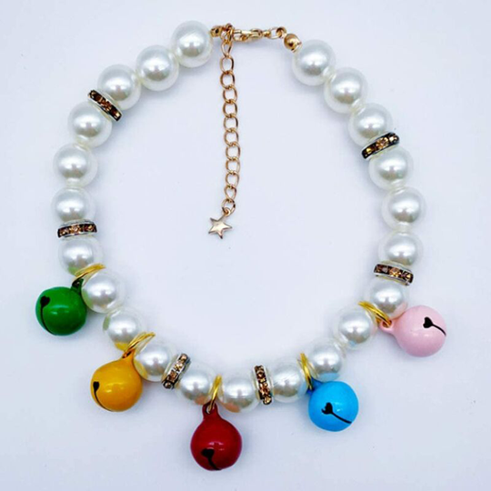 Crystal Pearl Dog Necklace Jewelry and Shiny Fashion Colorful Bell Pet Cat Dog Girl Teacup Chihuahua York Costume Set