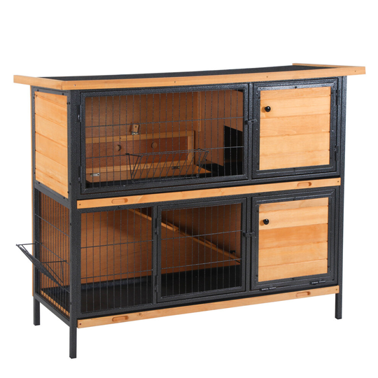 PawHut 2-Story Wooden Metal Rabbit Hutch w/ Ramp Feeding Trough