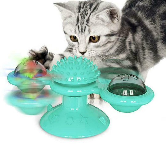 (Blue) Turntable Interactive Windmill Cat Toys For Pet Cats With Led Ball