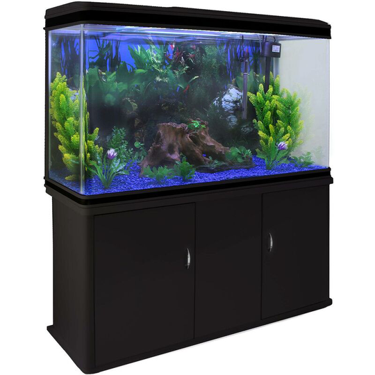 Aquarium Fish Tank & Cabinet with Complete Starter Kit - Black Tank & Blue Gravel - Black
