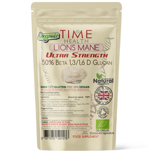 (120 Capsules) Organic Lions Mane (Hericium Erinaceus) Ultra Strength 50% Beta 1,3/1,6 D Glucan