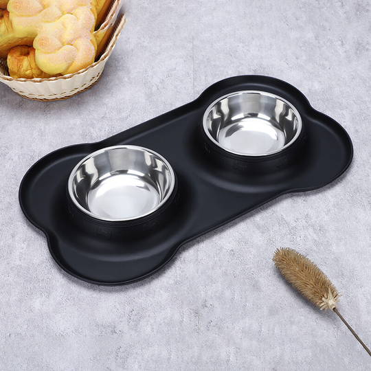 Tinor - Double Dog Bowls- Stainless Steel 350ml/Bowl Puppy Water and Food Bowl with Non-skid Anti-overflow Silicon Tray Mat for Puppy Dogs, With Pet