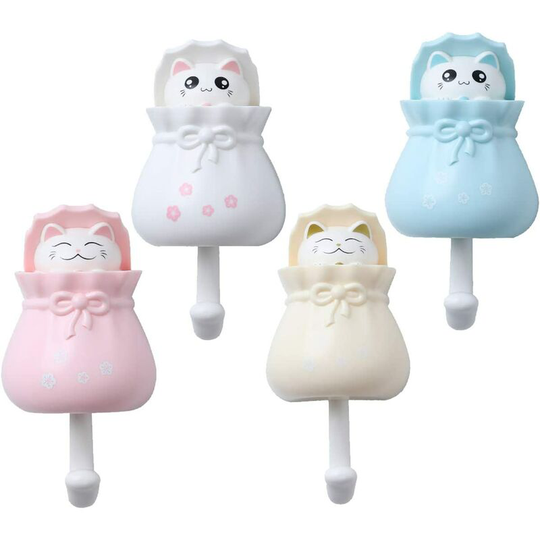Cute Cat Shape hooks Creative Coat Hooks Decorative Wall Hangers Self Adhesive Animal Wall Hooks for Robe, Coat, Towel, Keys, Bags, Hats, White,