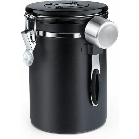 Airtight Coffee Canister - Coffee Bean Canister with CO2 Valve - with Measuring Spoon - 1.8L (Black)