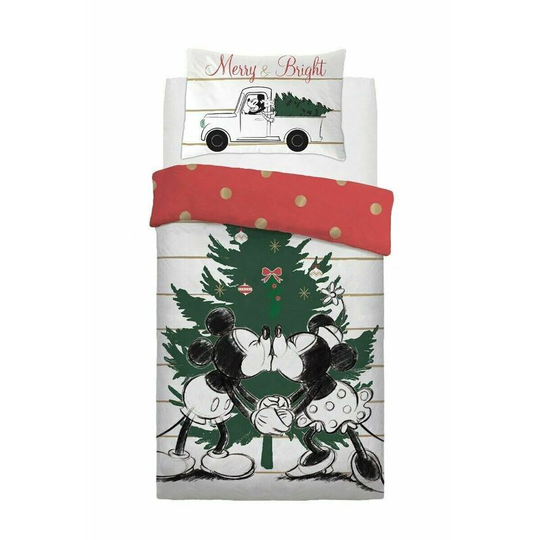Mistletoe Kisses Mickey And Minnie Christmas Duvet Cover Set (Single) (White/Green/Red/Gold) - White/Green/Red/Gold - Disney