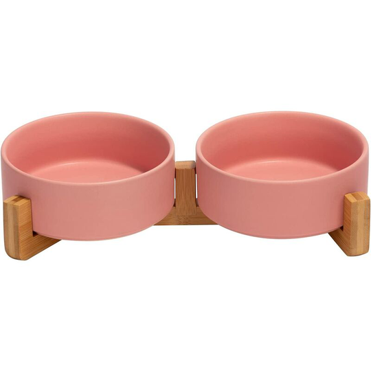 Swyeoot - Ceramic Double Bowl with Bamboo Support for Cat and Dog Pink