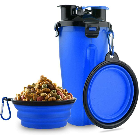 LITZEE Portable 2 in 1 Dog Water Bottle with 2 Foldable Bowls Water Bottle and Food for Dogs Cat Animals, Travel Bottle for Walking, Exercise,