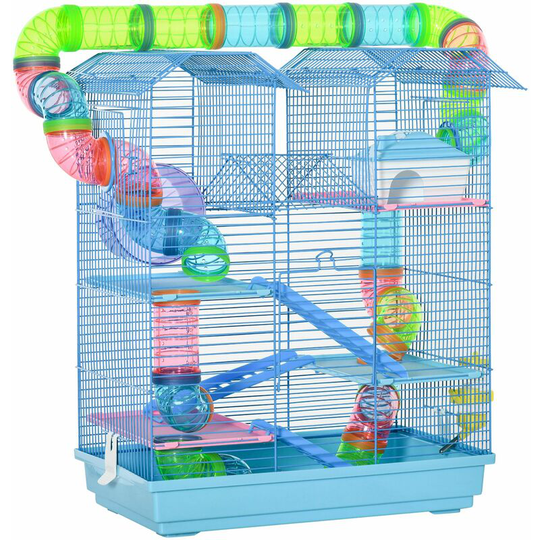 Pawhut - 5 Tiers Hamster Cage Animal Travel Carrier Habitat w/ Accessories - Blue
