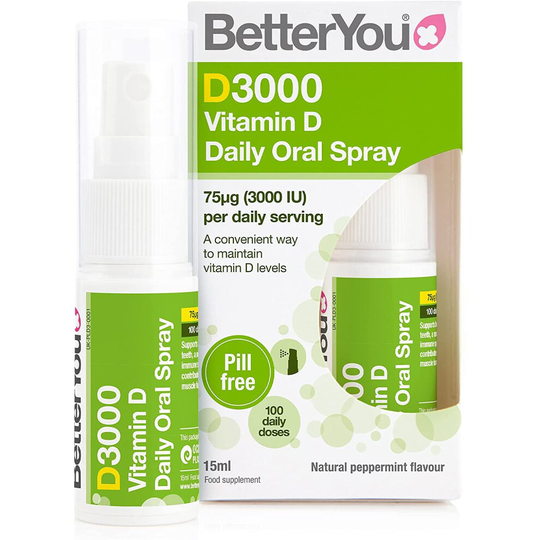 BetterYou D3000 Vitamin D Daily Oral Spray | 3000 IU (75 UG) of Vitamin D3 (Cholecalciferol) | 15 ml (100 Sprays) | Natural Peppermint Flavo