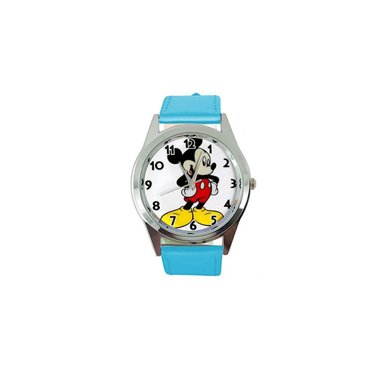 Watch Analogue Quartz with Real Leather Band Blue Round for Fan of Mickey Mouse