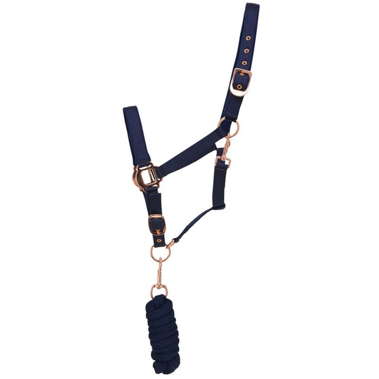 Hy Rose Gold Headcollar and Lead Rope (Cob) (Navy/Rose Gold) - Navy/Rose Gold