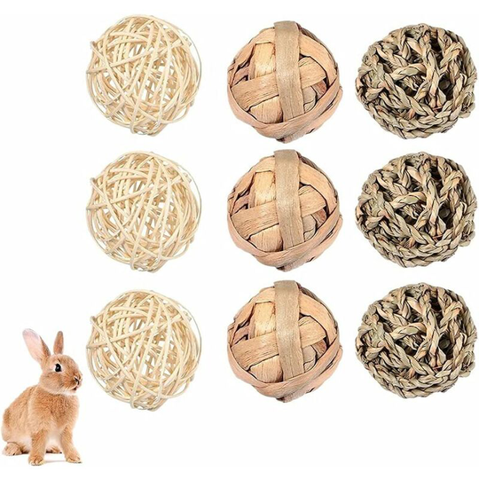9 Pack Chew Balls for Small Animals - Chew Toy for Rabbits, Guinea Pigs, Chinchilla Rabbits, Braided Treats with Straw for Small Animals (9 Pieces)
