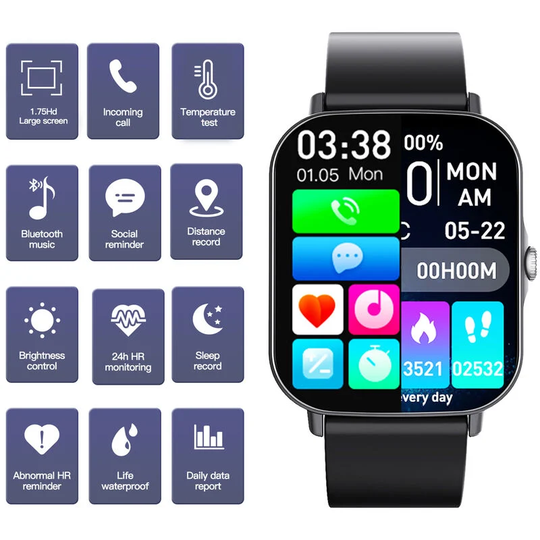 F15S Smart Watch Men Women HD Large Screen BT Call Body Temperature Fitness Bracelet Heart Rate Monitor Women Smartwatch IP67 Waterproof,Black - Black