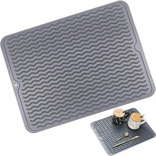 Silicone Dish Drying Mat Under Mat Grooved Dish Drainer Mat Heat Resistant Safe Soft, for Pots, Bowls, Saucers, Cups, Refrigerators, Cabinets