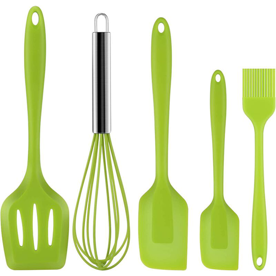 Silicone Cooking Utensils, 5 Pieces Kitchen Silicone Spatula Set, Oil Brush, Whisk, Spatula, Cake Bakeware Set Non-Stick Spatula, Green